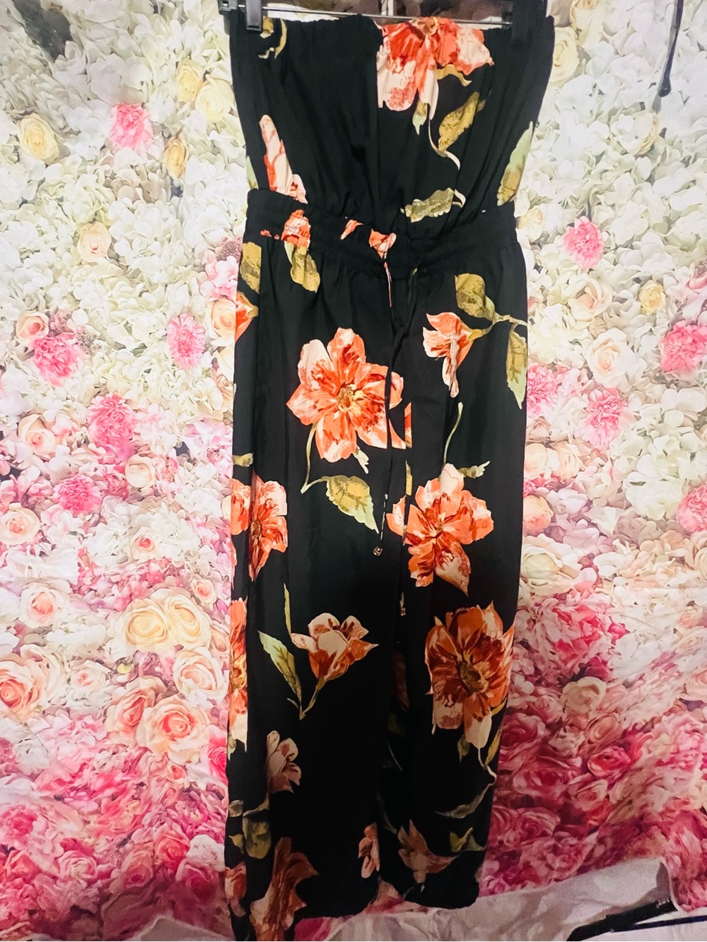 Black Floral Jump Suit with Coral Blooms